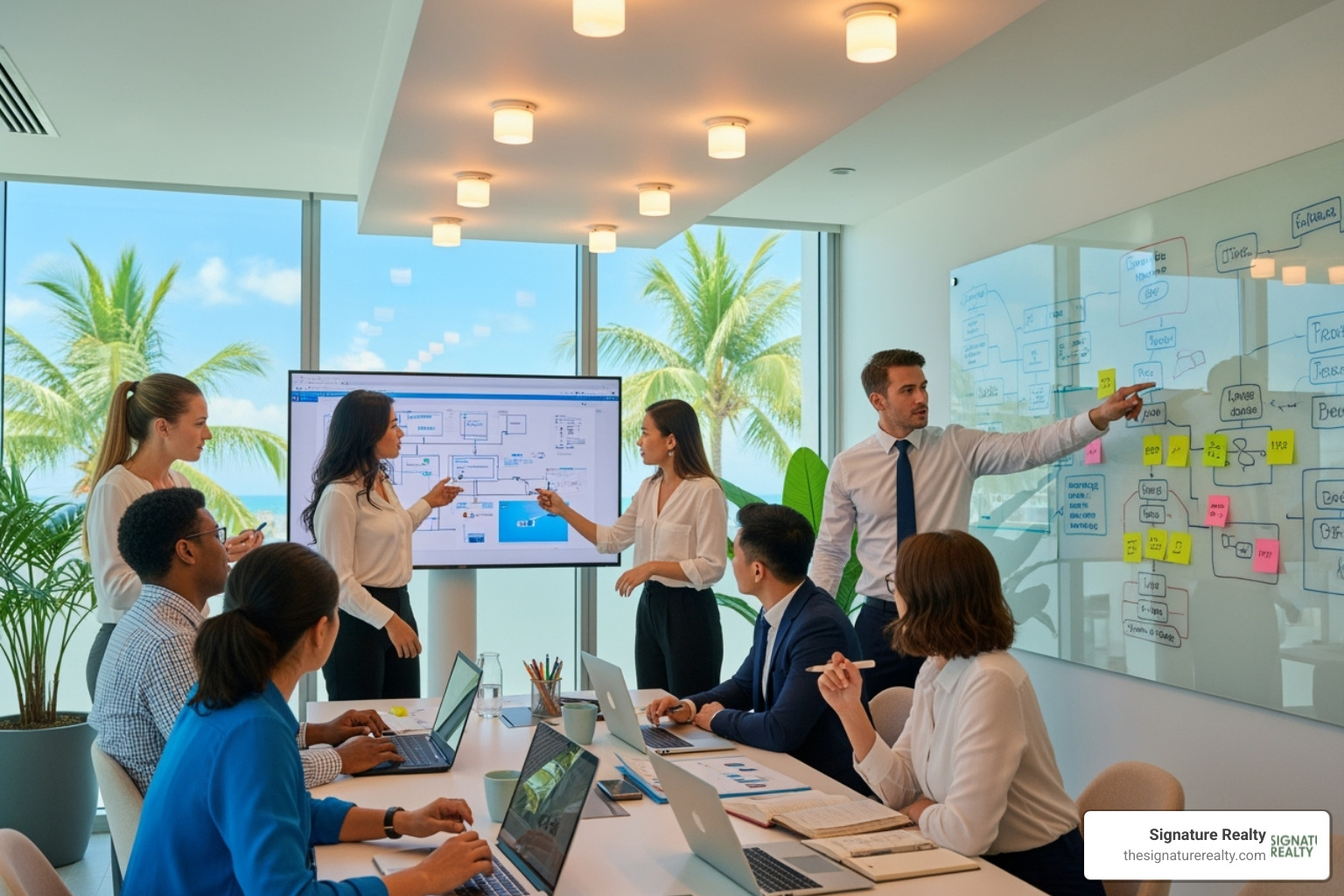 of a collaborative team meeting in a modern office setting in Miami - remote office Miami of a collaborative team meeting in a modern office setting in Miami - remote office Miami