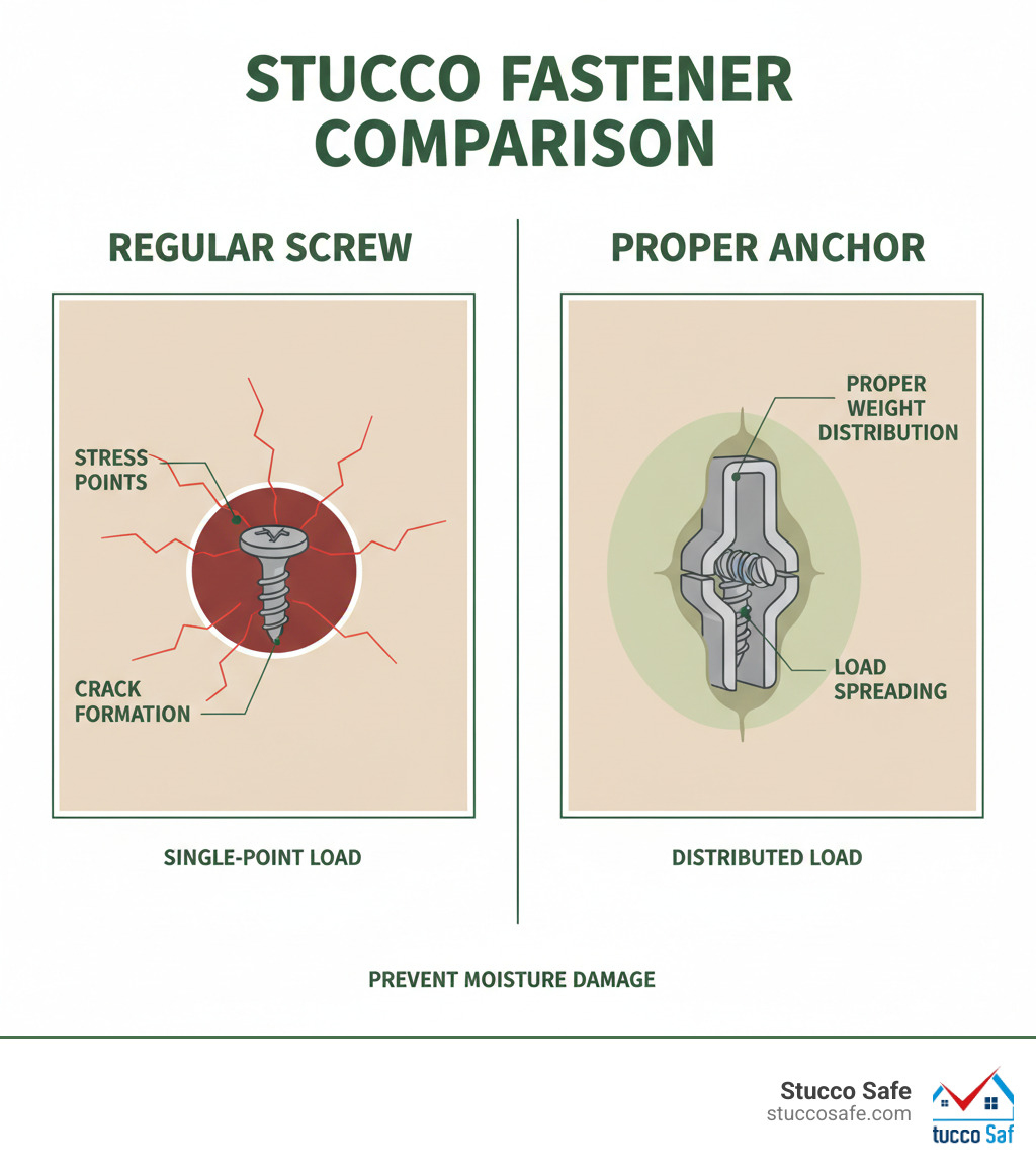 Infographic showing cross-section comparison of regular screw creating stress cracks in stucco versus proper anchor distributing load evenly across stucco surface with labels for stress points, crack formation, and proper weight distribution - stucco anchor types infographic 
