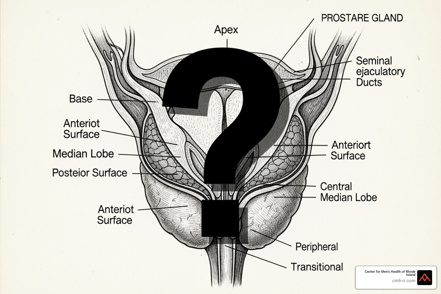 large question mark over a diagram of the prostate - can bph treatment cause prostate cancer