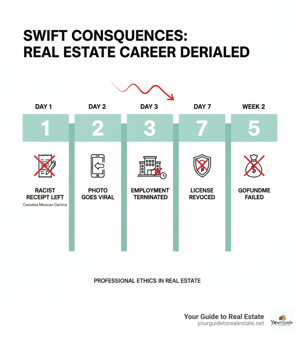 Infographic showing timeline of Stephanie Lovins incident: Day 1 - Racist receipt left at Cazuelas Mexican Cantina, Day 2 - Photo goes viral on social media, Day 3 - Century 21 terminates employment, Day 7 - Real estate license revoked, Week 2 - Failed GoFundMe campaign launched and shut down, highlighting the swift professional consequences of discriminatory conduct in real estate - stephanie lovins realtor infographic 