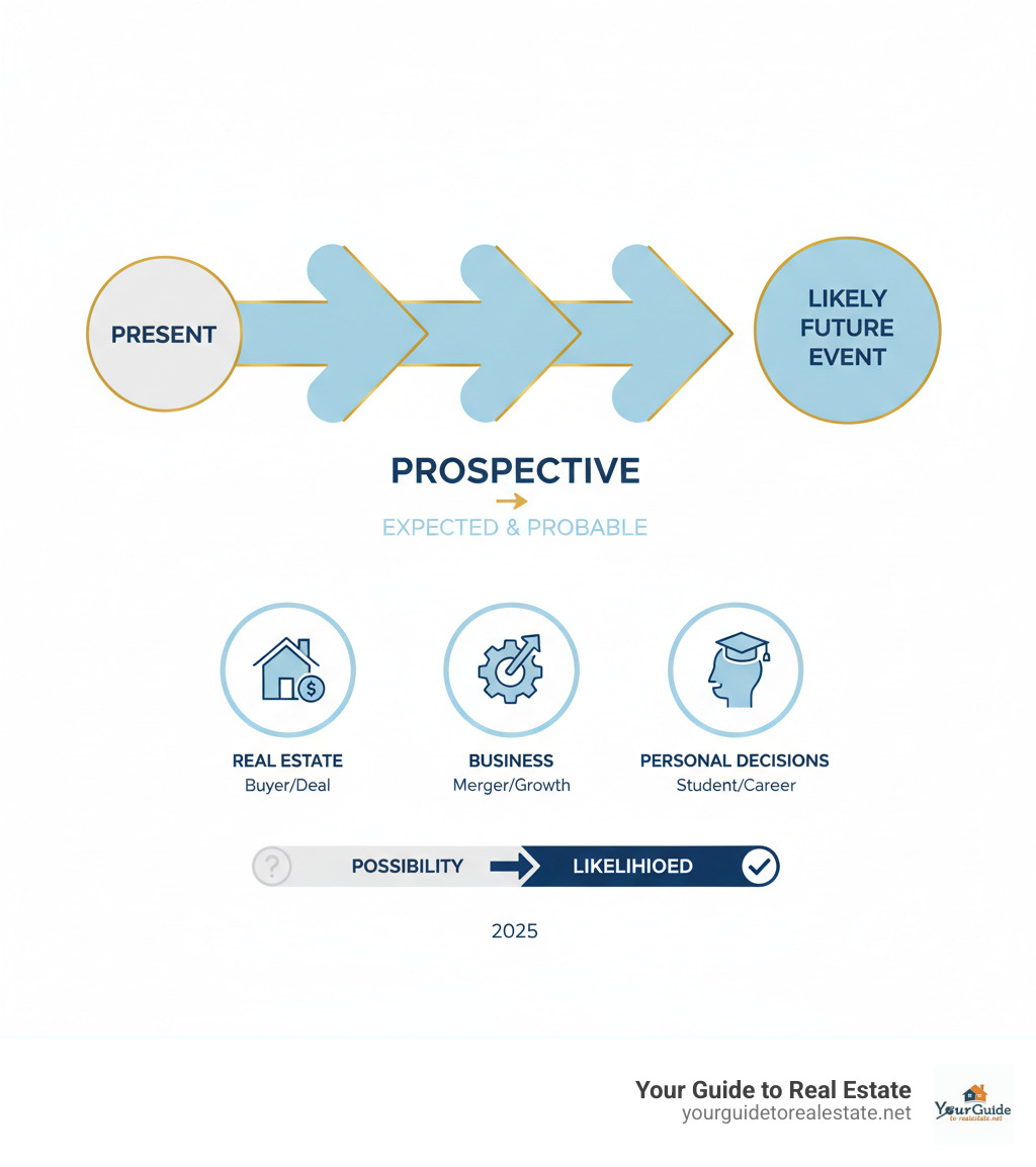 Infographic showing the core concept of prospective as looking toward a likely future event, with arrows pointing from present to future, icons representing different contexts like real estate, business, and personal decisions, and emphasis on likelihood versus mere possibility - prospective definition infographic 