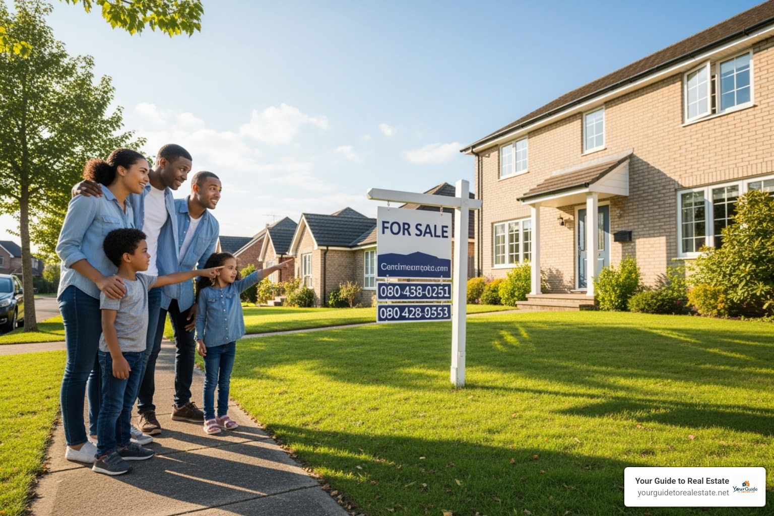 family looking at a house with a "For Sale" sign - prospective definition