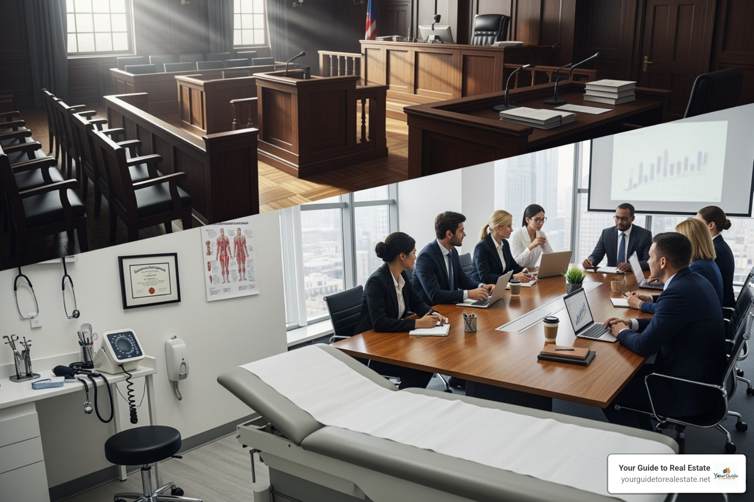 collage showing different professional settings (courtroom, business meeting, doctor's office) - prospective definition