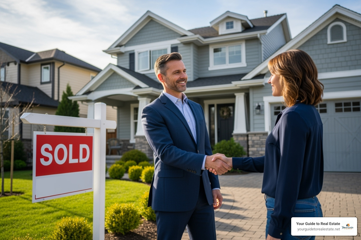 Real estate agent shaking hands with a client in front of a "Sold" sign - prospective Real estate agent shaking hands with a client in front of a "Sold" sign - prospective