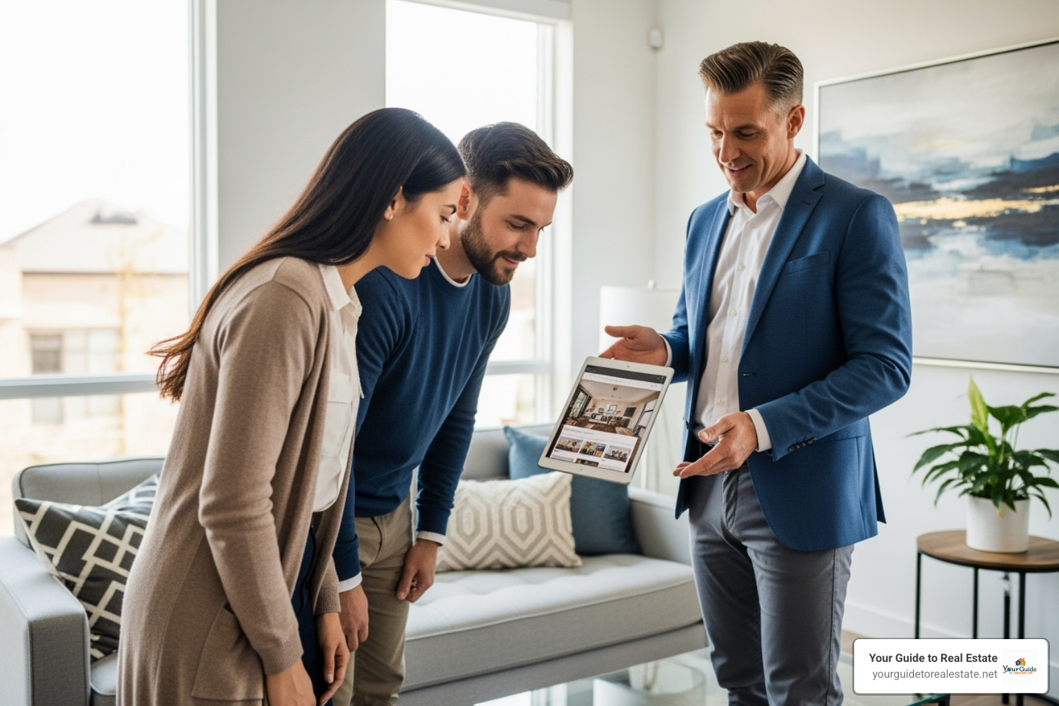 Real estate agent showing property listing to couple on tablet - prospective Real estate agent showing property listing to couple on tablet - prospective