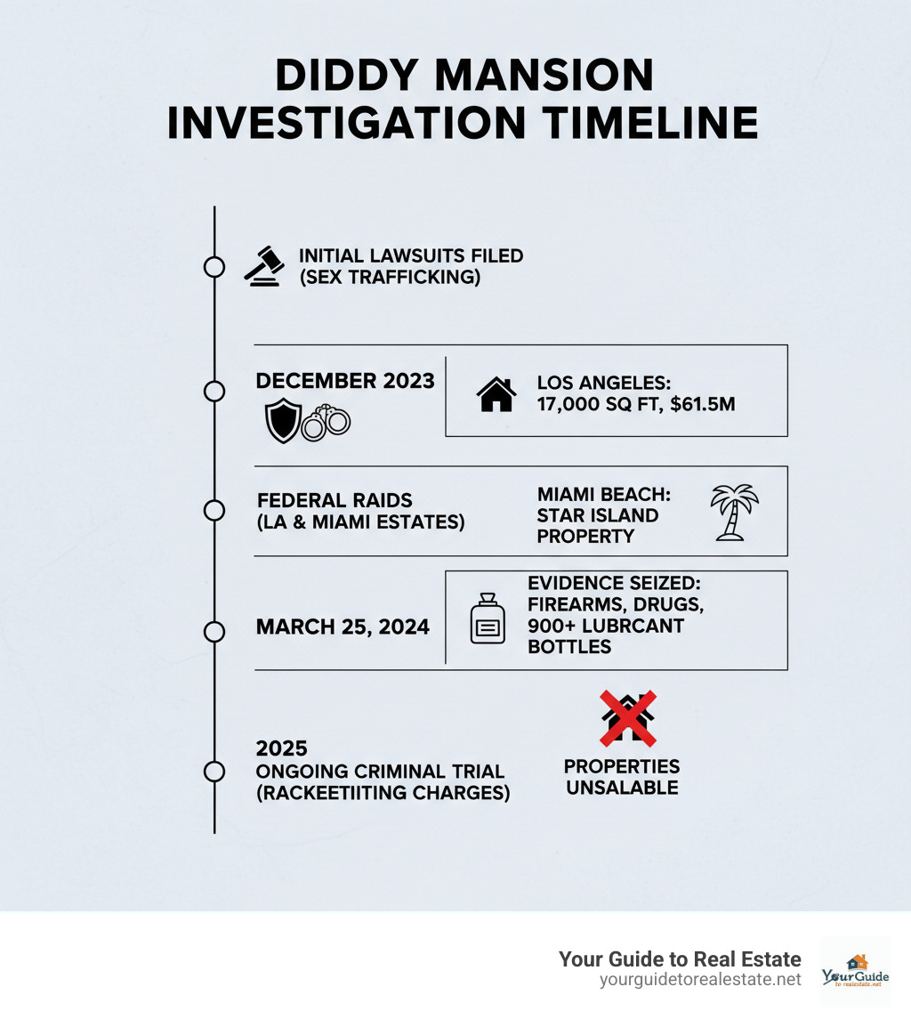Timeline of Diddy mansion investigation showing key dates from initial lawsuits through federal raids to ongoing criminal trial, including property details and evidence seized - diddy mansion infographic 