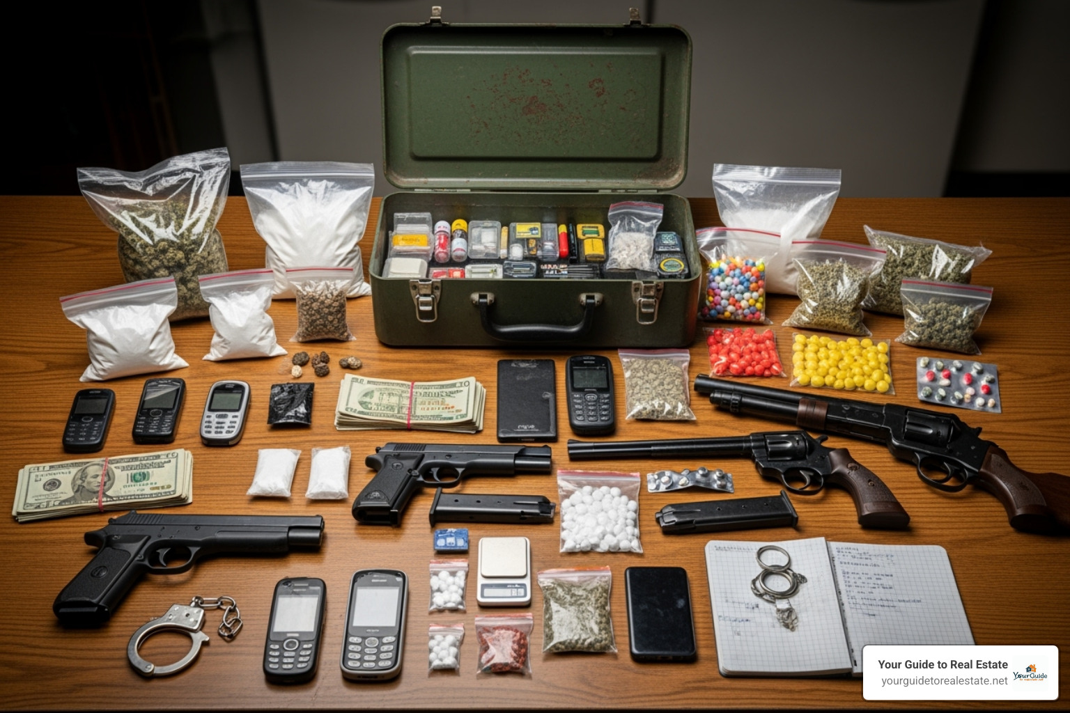 evidence photos from the Miami raid, such as the green box labeled "Diddy" - diddy mansion