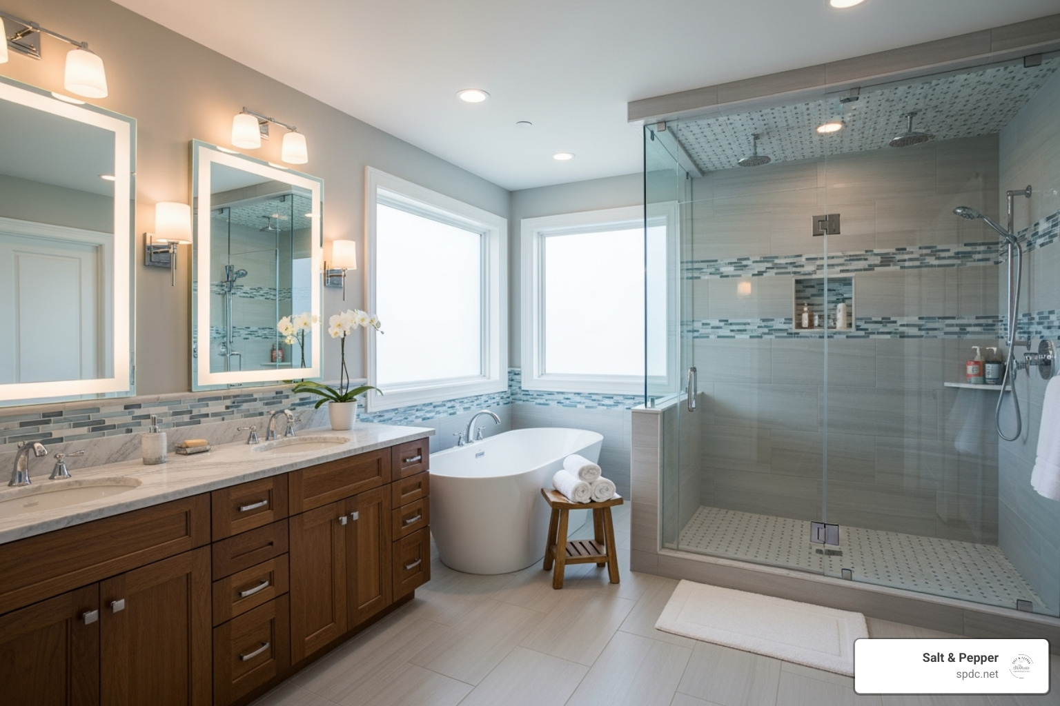 A luxurious, spa-like bathroom with a walk-in shower, freestanding tub, and neat tilework - home remodeling riverview fl A luxurious, spa-like bathroom with a walk-in shower, freestanding tub, and neat tilework - home remodeling riverview fl