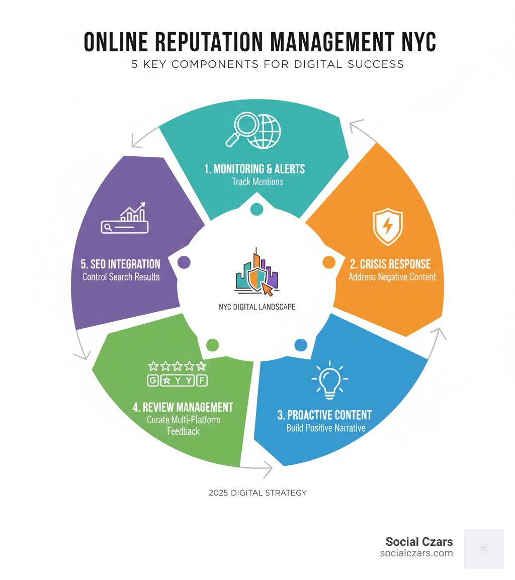 Comprehensive infographic showing the five key components of online reputation management: monitoring and alerts system tracking mentions across platforms, crisis response workflow for negative content, proactive content creation strategy, review management across multiple sites, and SEO integration for search result control - online reputation management new york city infographic 