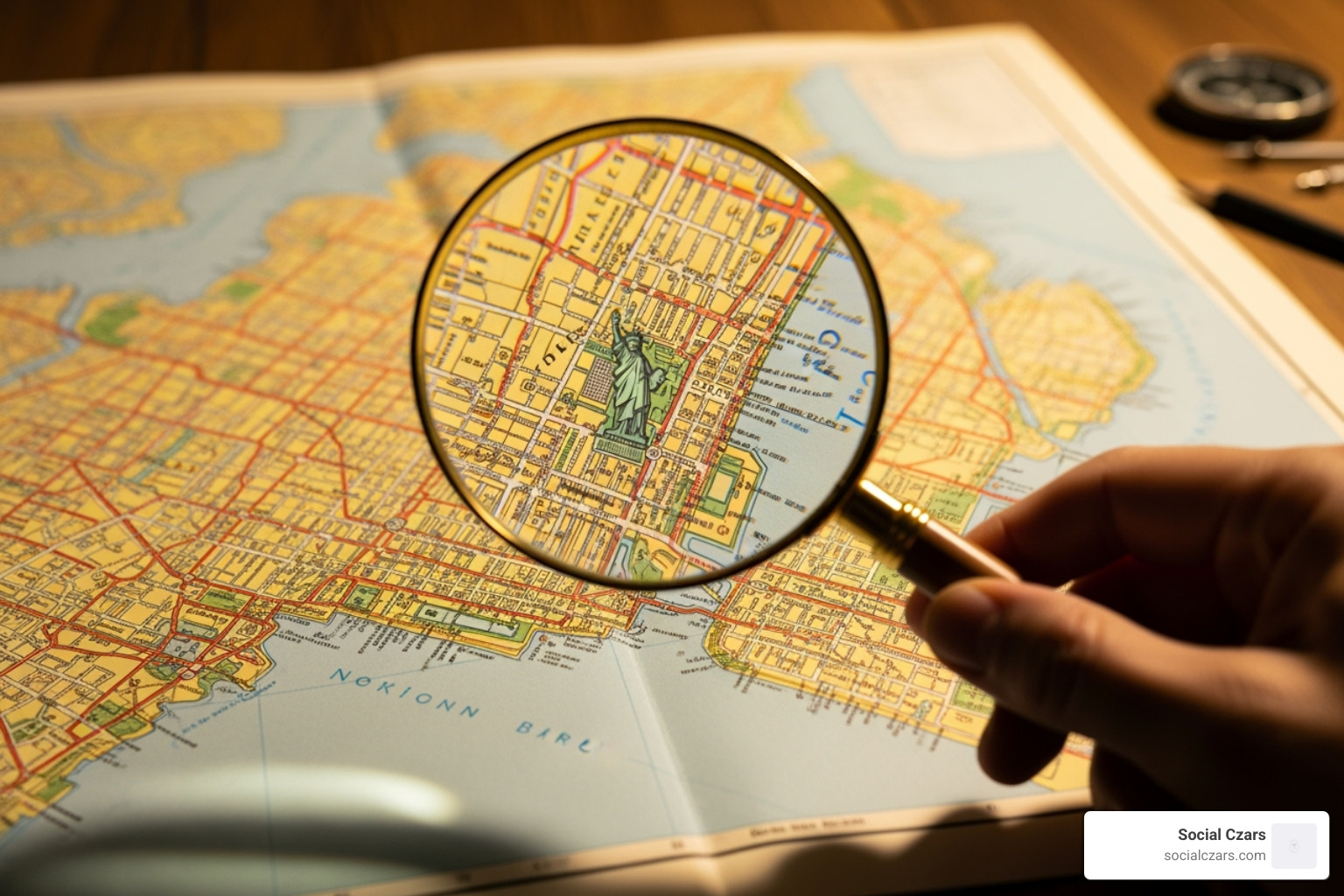 magnifying glass over a map of New York City - online reputation management new york city