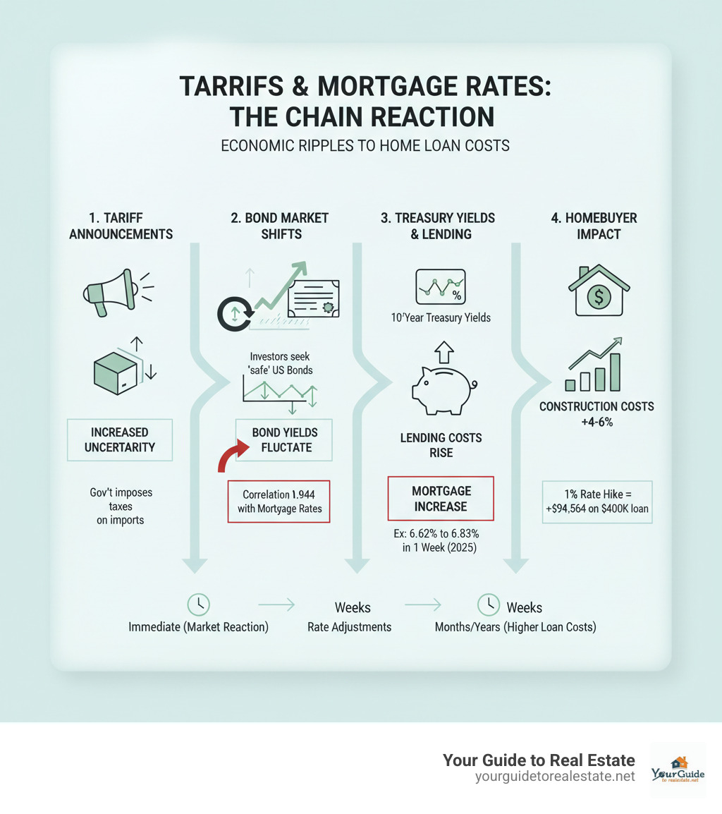 Detailed infographic showing the economic chain reaction from tariff announcements to mortgage rate changes, including bond market movements, Treasury yield fluctuations, and the timeline of rate impacts on homebuyers - mortgage rates tariffs infographic 