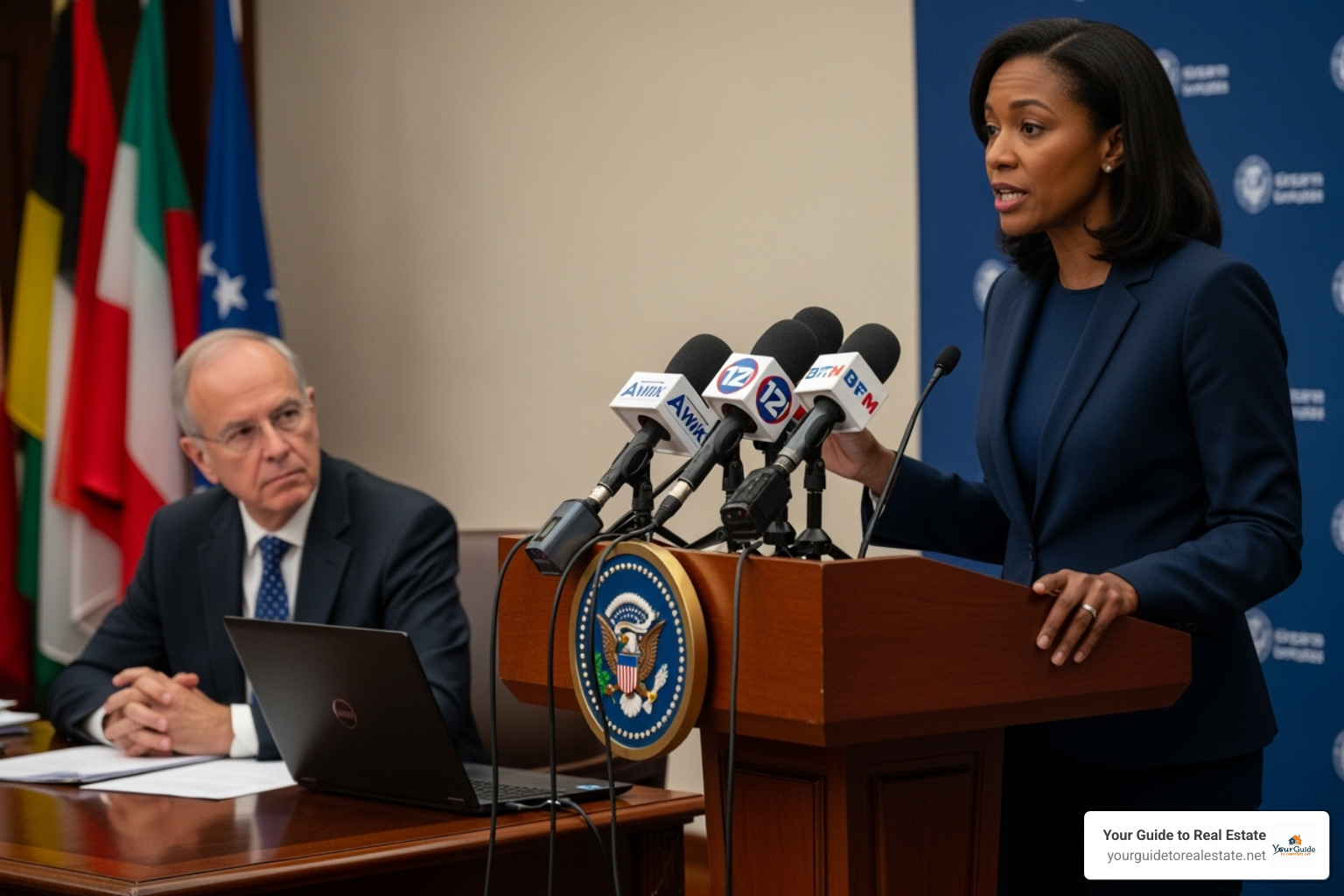 economist at a desk and a political podium - mortgage rates tariffs