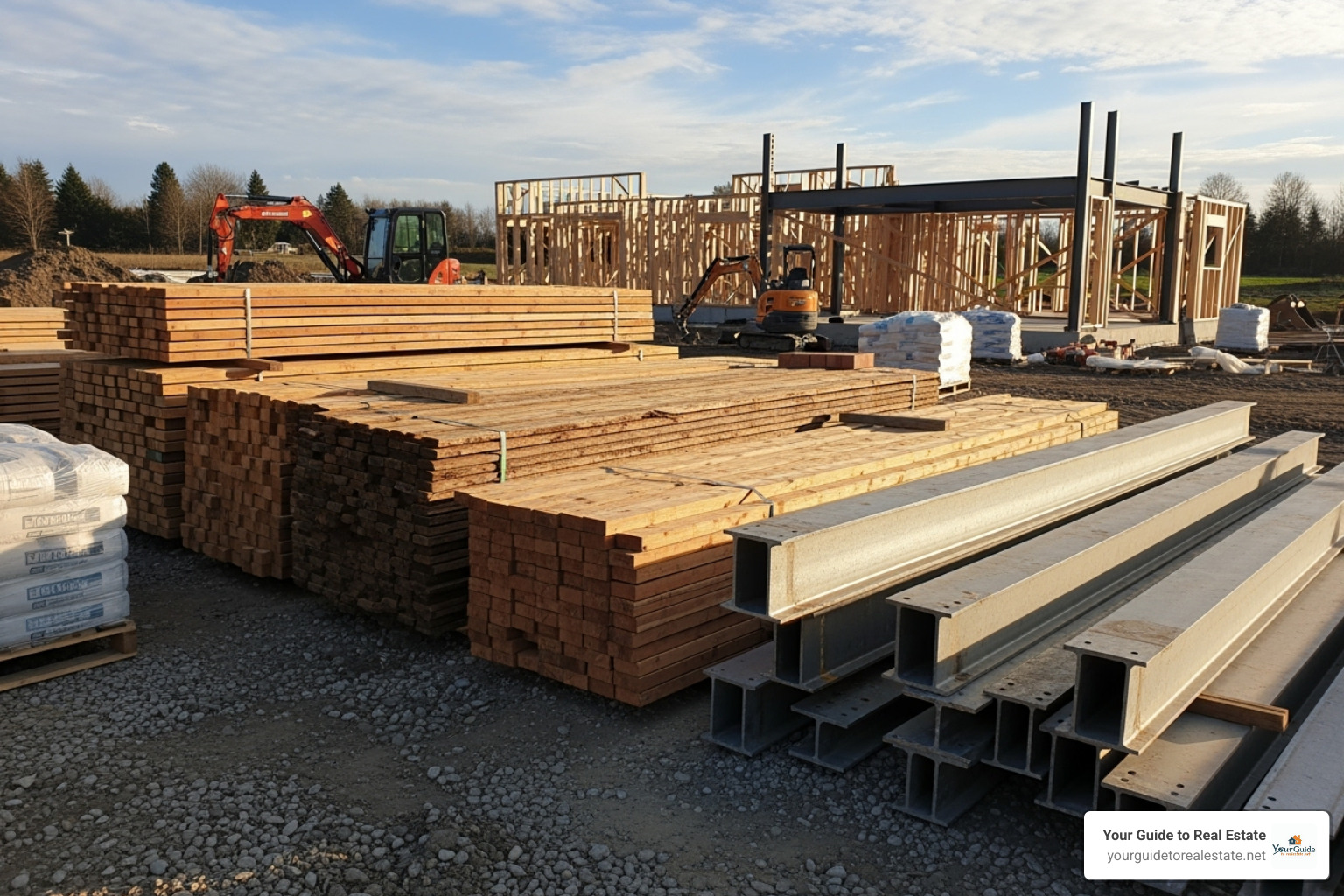 new home construction site with overlay showing increased material costs - mortgage rates tariffs