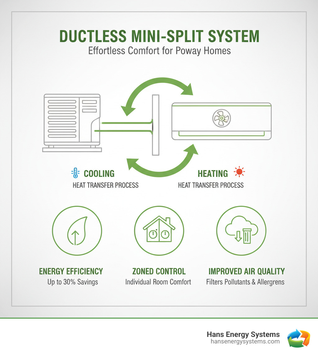 Infographic showing ductless mini-split system components: outdoor condenser unit connected via refrigerant lines to indoor air handler, with arrows showing heat transfer process and highlighting energy efficiency, zoned control, and improved air quality benefits - mini split installation poway infographic 