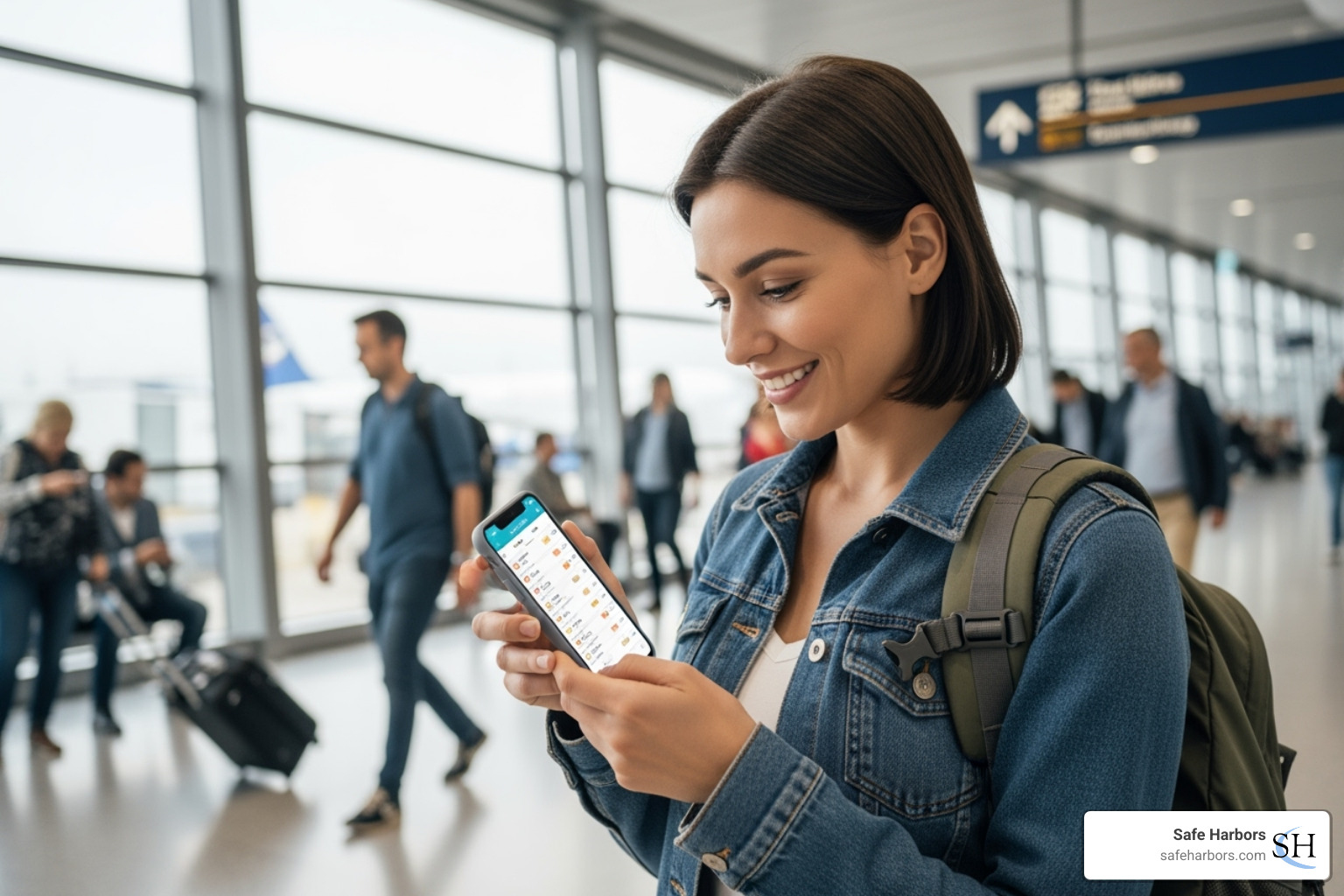 traveler happily checking their itinerary on a mobile app - Corporate booking tool