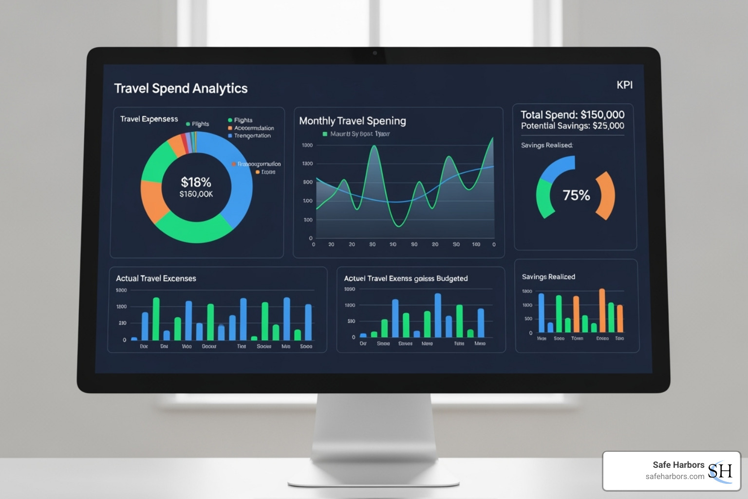 financial dashboard showing travel spend analytics and savings - Corporate booking tool