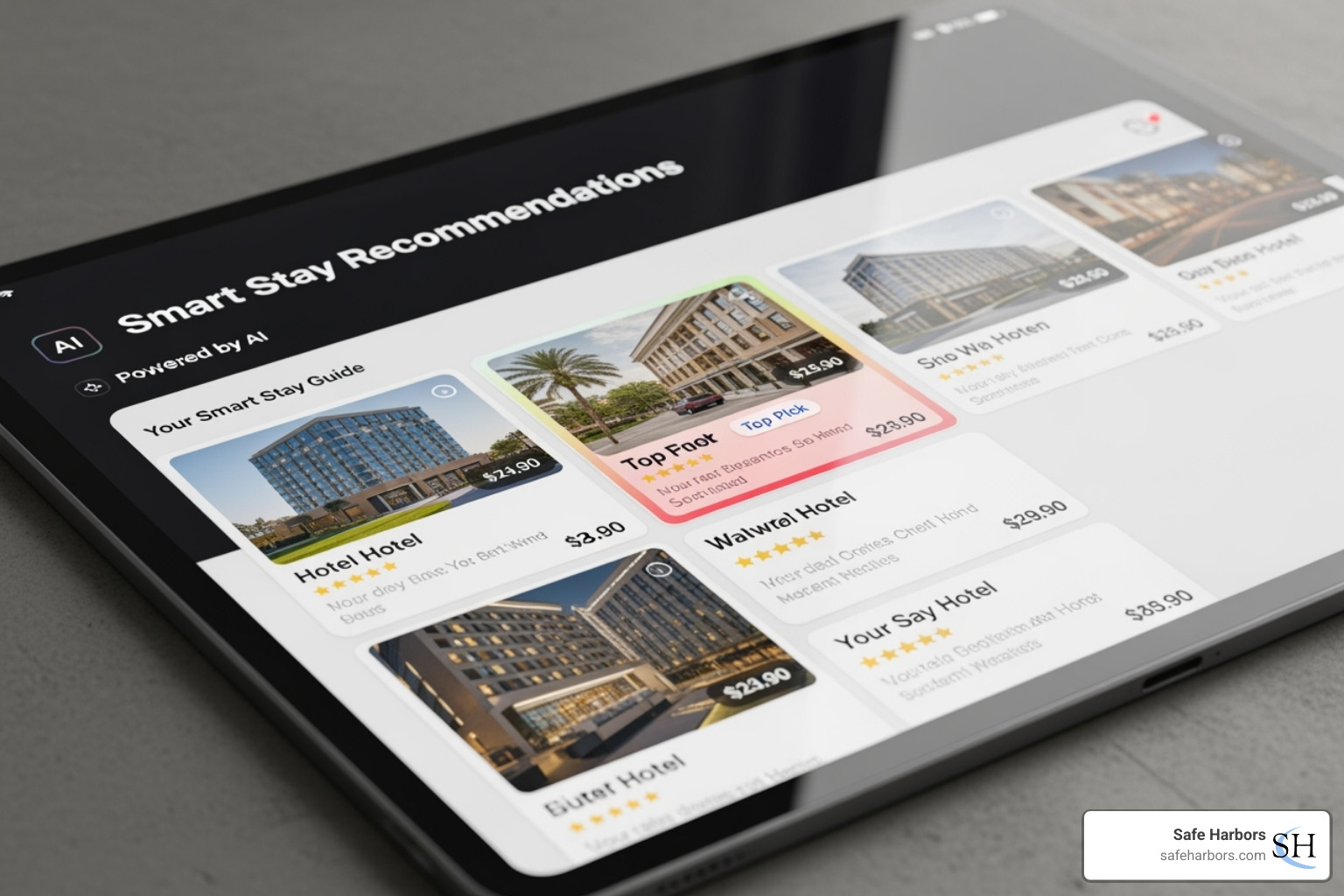 booking interface showing AI-powered "smart stay" recommendations - Corporate booking tool