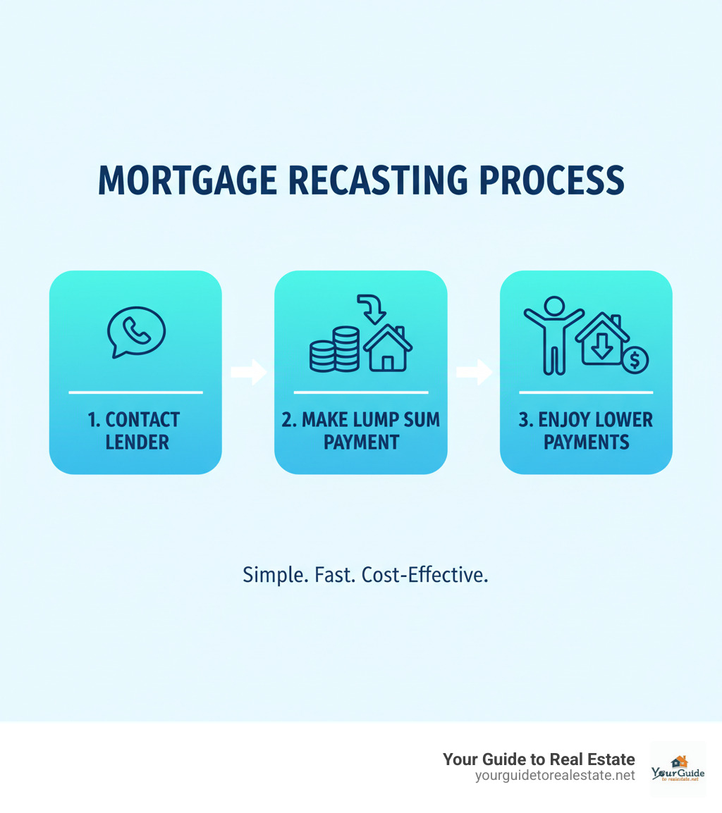 Infographic showing the 3 main steps of mortgage recasting: 1. Contact Lender, 2. Make Lump Sum Payment, 3. Enjoy Lower Payments - mortgage recast calculator infographic 