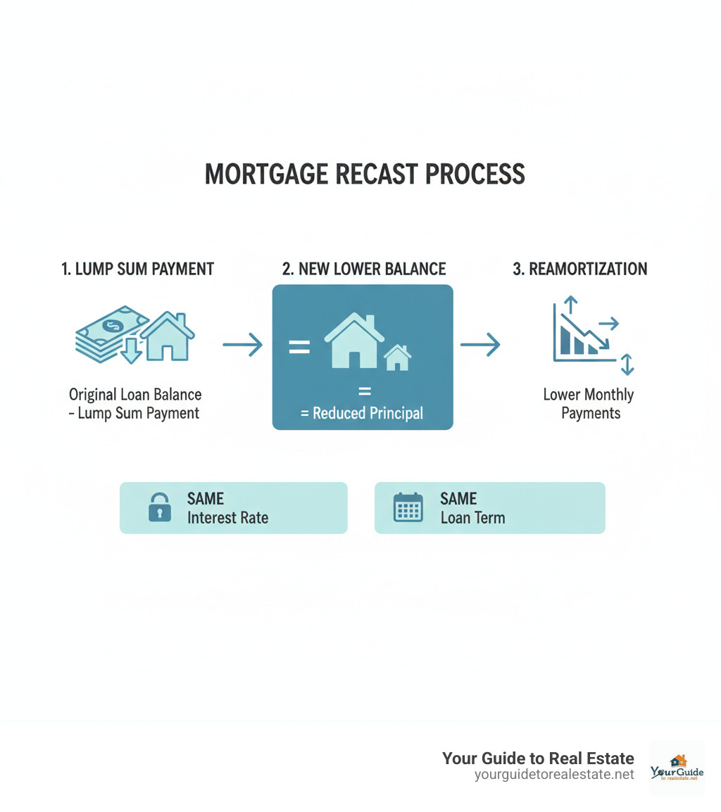 Infographic showing mortgage recasting process: Original loan balance minus lump sum payment equals new lower balance, which creates reduced monthly payments through reamortization while keeping the same interest rate and loan term - mortgage recast calculator infographic 