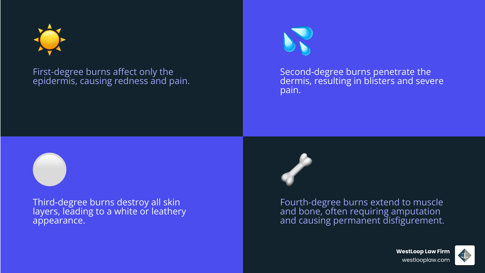 Infographic showing the four degrees of burn injuries: First-degree burns affecting only the epidermis with redness and pain, second-degree burns penetrating the dermis causing blisters and severe pain, third-degree burns destroying all skin layers resulting in white leathery appearance, and fourth-degree burns extending to muscle and bone requiring amputation - houston burn lawyers infographic 4_facts_emoji_blue