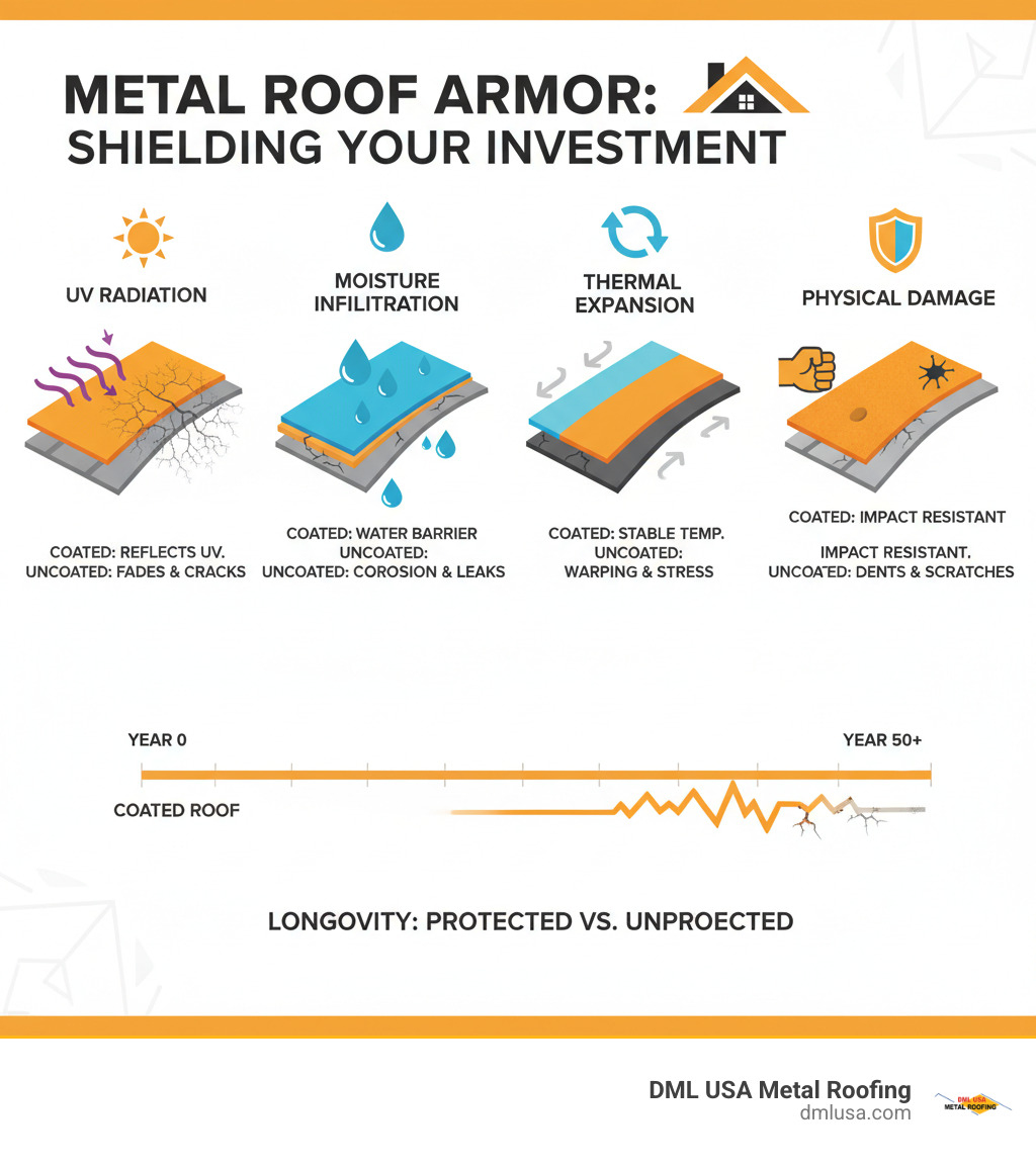 Comprehensive infographic showing how protective coatings shield metal roofing panels from UV radiation, moisture infiltration, thermal expansion, and physical damage, with cross-section views of coated vs uncoated metal surfaces and their performance over time - metal roof protection infographic 