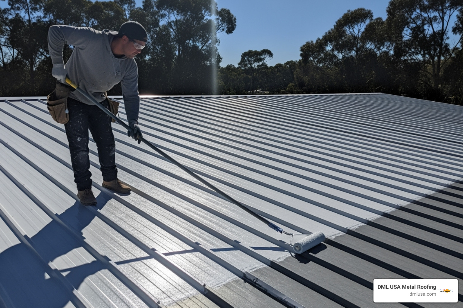 professional applying reflective white coating - metal roof protection