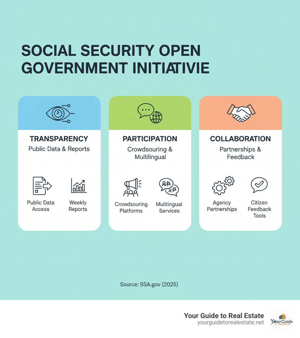 Infographic showing the three pillars of Social Security's Open Government Initiative: Transparency through public data access and weekly reports, Participation via crowdsourcing platforms and multilingual services, and Collaboration through agency partnerships and citizen feedback tools - social security transparency initiatives infographic 