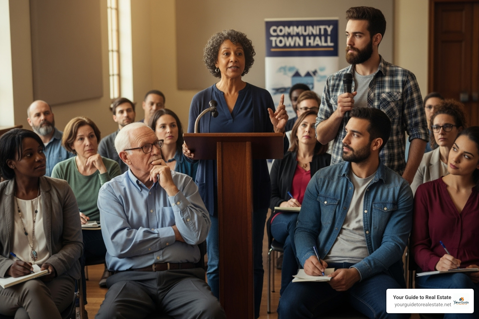 A diverse group of people engaged in a town hall meeting, representing citizen participation - social security transparency initiatives