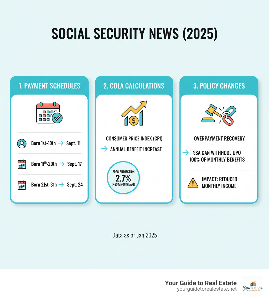 Infographic showing three key components of Social Security news: 1) Payment schedules with birth date ranges and corresponding payment dates, 2) COLA calculations showing how Consumer Price Index affects annual benefit increases, and 3) Policy changes including overpayment recovery rules and their impact on monthly benefits - social security news infographic 