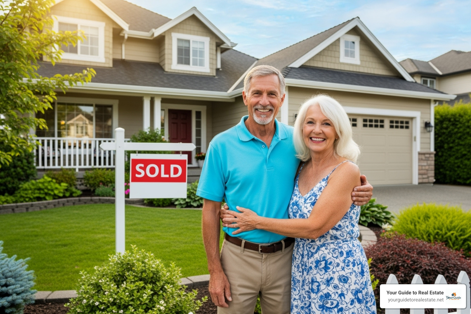 A happy retired couple stands in front of a house with a "Sold" sign, symbolizing successful retirement planning and homeownership - social security news