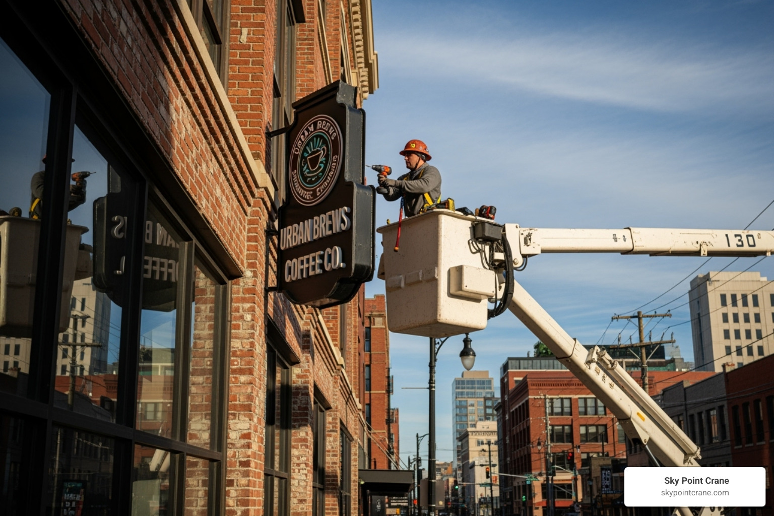 bucket truck installing signage - bucket truck rentals