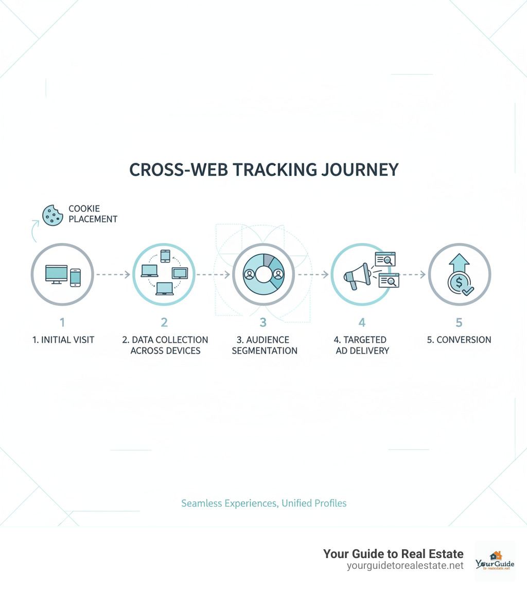 Cross-web tracking process infographic showing user journey from initial website visit through cookie placement, data collection across devices, audience segmentation, and targeted ad delivery resulting in conversion - what is the digital marketing strategy that tracks users across the web infographic 