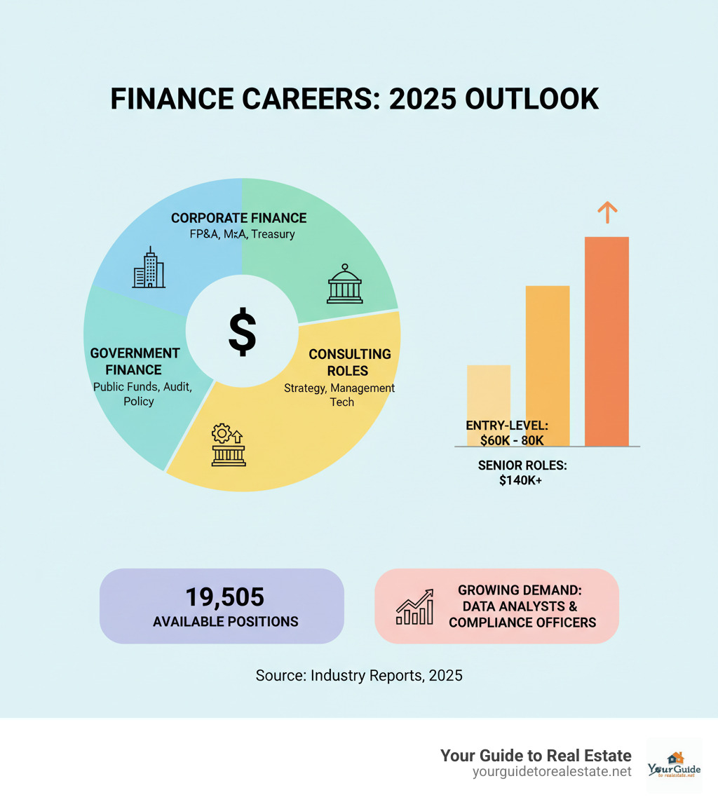 Comprehensive breakdown of finance job categories including corporate finance, government finance, and consulting roles, with salary ranges from $60,000 for entry-level positions to $140,000+ for senior roles, plus statistics showing 19,505 available positions and growing demand for data analysts and compliance officers - finance jobs infographic 