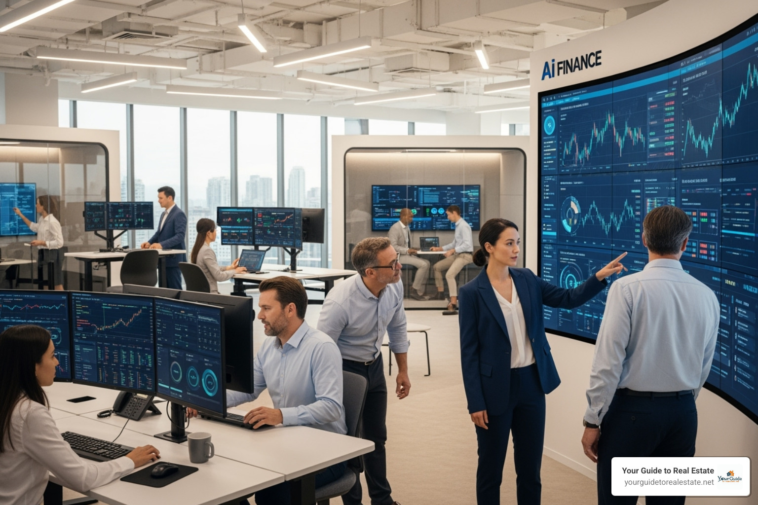 Integration of AI and data analytics dashboards in a modern finance department, showing financial professionals interacting with sophisticated software for real-time insights and predictive modeling. - finance jobs