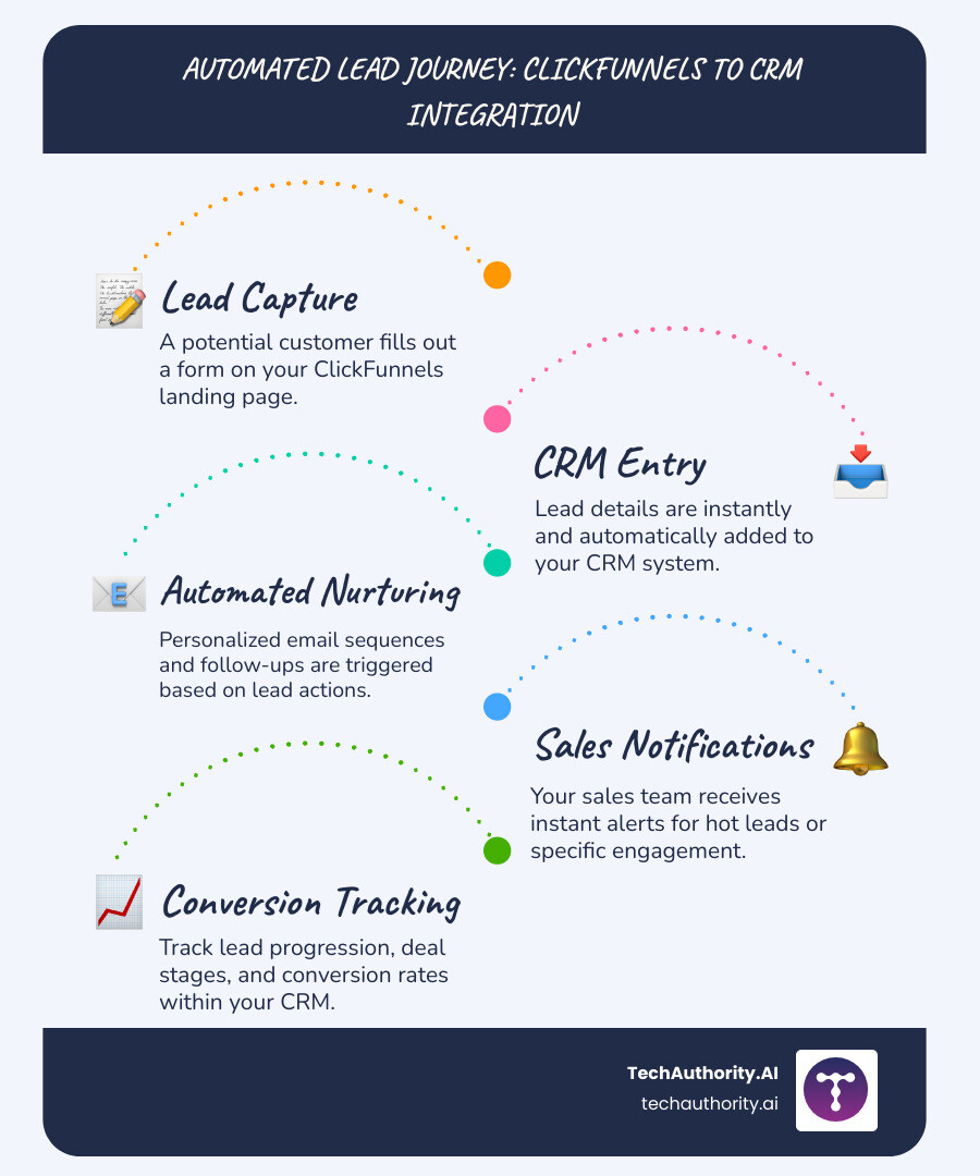 Automated Lead Journey: ClickFunnels to CRM Integration showing lead capture on landing page, automatic CRM entry, triggered email sequences, sales team notifications, and conversion tracking in a streamlined workflow diagram - clickfunnels crm integration infographic infographic-line-5-steps-blues-accent_colors Automated Lead Journey: ClickFunnels to CRM Integration showing lead capture on landing page, automatic CRM entry, triggered email sequences, sales team notifications, and conversion tracking in a streamlined workflow diagram - clickfunnels crm integration infographic infographic-line-5-steps-blues-accent_colors