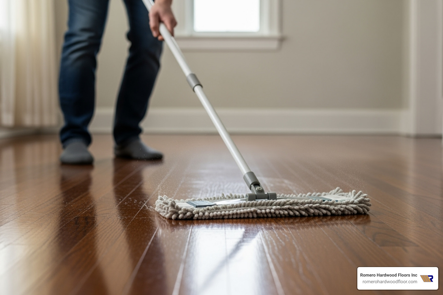 person using a slightly damp microfiber mop on a wood floor - easiest way to clean wood floors