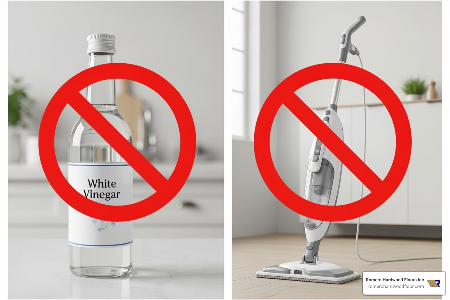 Do Not Use symbol over a bottle of vinegar and a steam mop - easiest way to clean wood floors