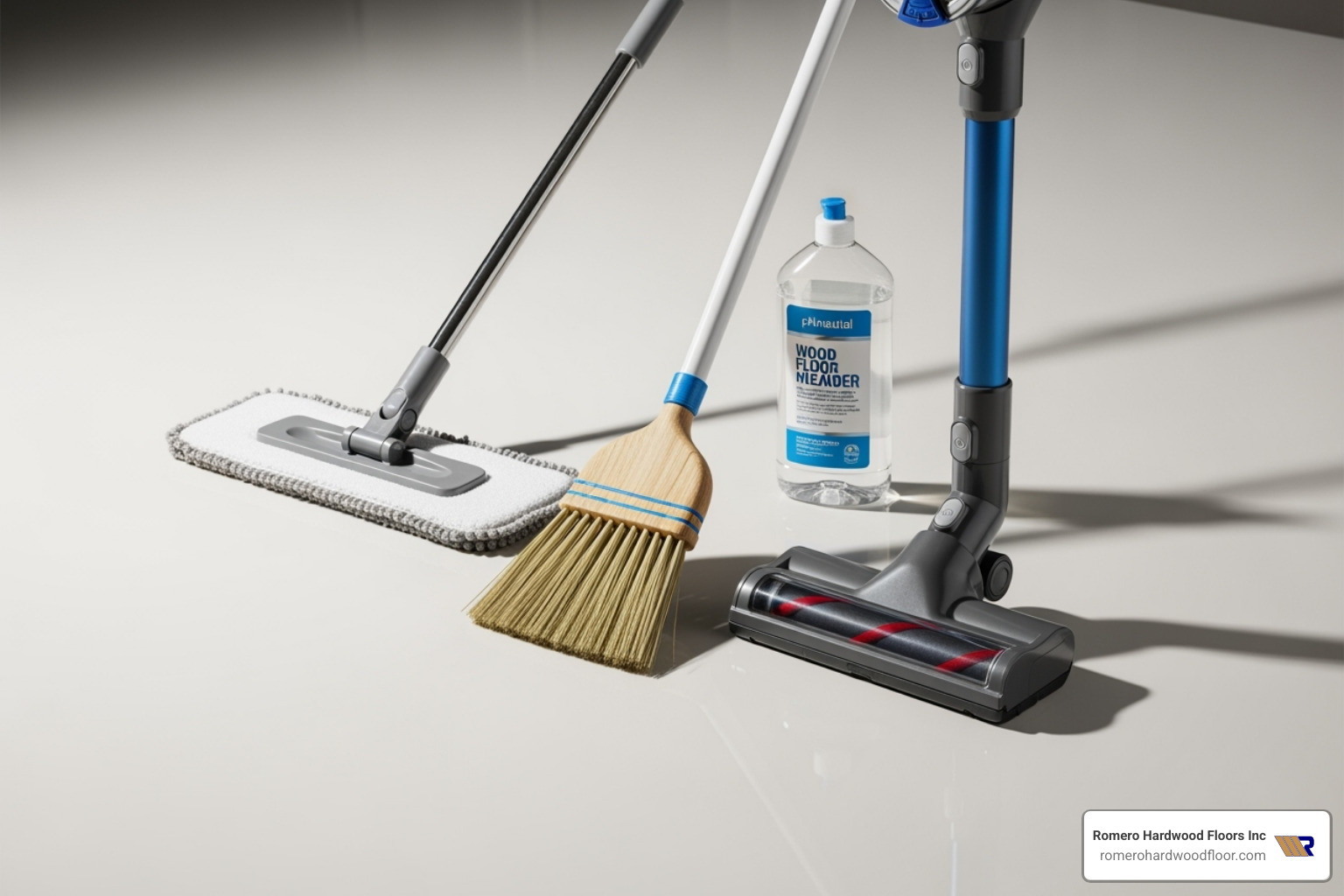 essential cleaning tools neatly arranged: a microfiber mop, a soft-bristled broom, a vacuum with a hard floor attachment, and a pH-neutral cleaner - easiest way to clean wood floors