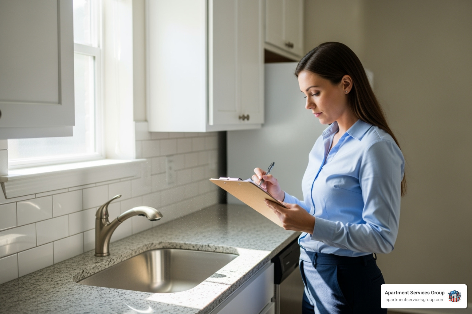 A property manager with a clipboard and checklist inspecting a vacant apartment unit, looking at the kitchen - apartment turnover services