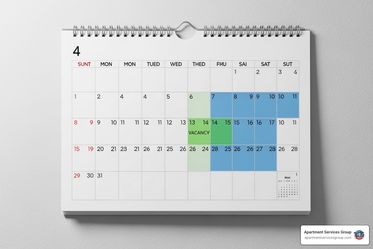 A calendar highlighting a short vacancy period between tenants - apartment turnover services