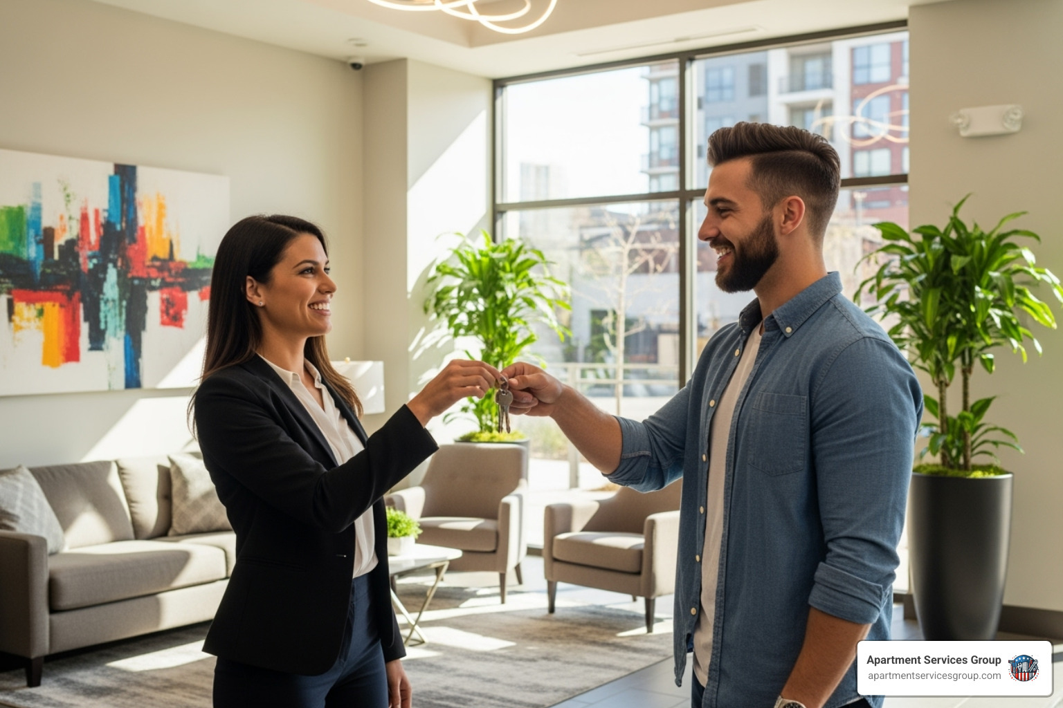 A happy new tenant receiving keys from a property manager, smiling - apartment turnover services