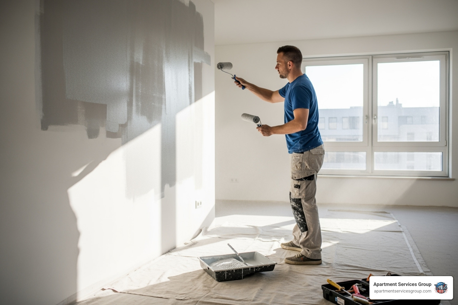 A professional painter carefully painting a wall in a vacant apartment - apartment turnover services