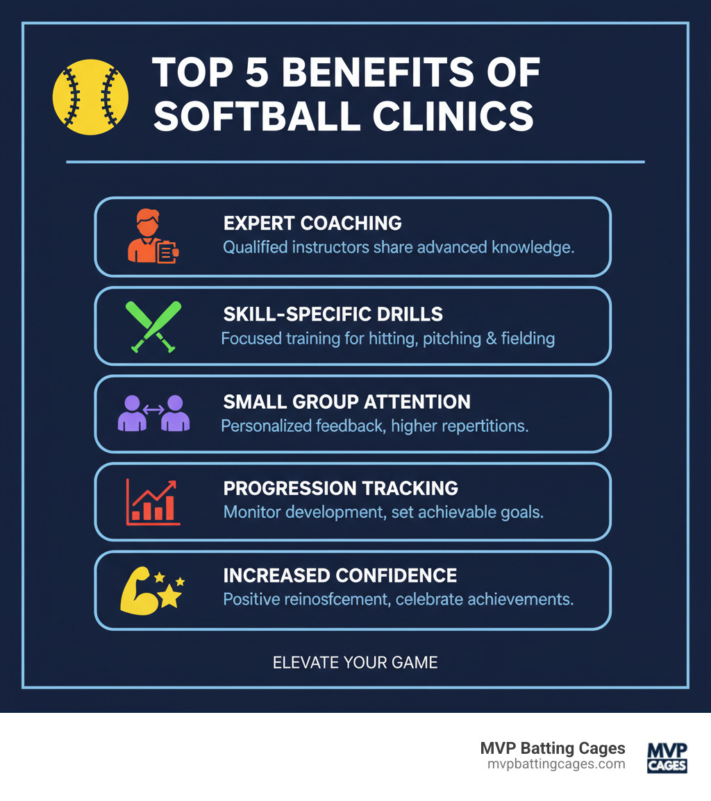 Infographic showing the top 5 benefits of attending softball clinics: expert coaching from qualified instructors, skill-specific training drills, small player-to-coach ratios for personalized attention, structured progression tracking, and increased confidence through positive reinforcement and goal achievement - softball clinics infographic Infographic showing the top 5 benefits of attending softball clinics: expert coaching from qualified instructors, skill-specific training drills, small player-to-coach ratios for personalized attention, structured progression tracking, and increased confidence through positive reinforcement and goal achievement - softball clinics infographic