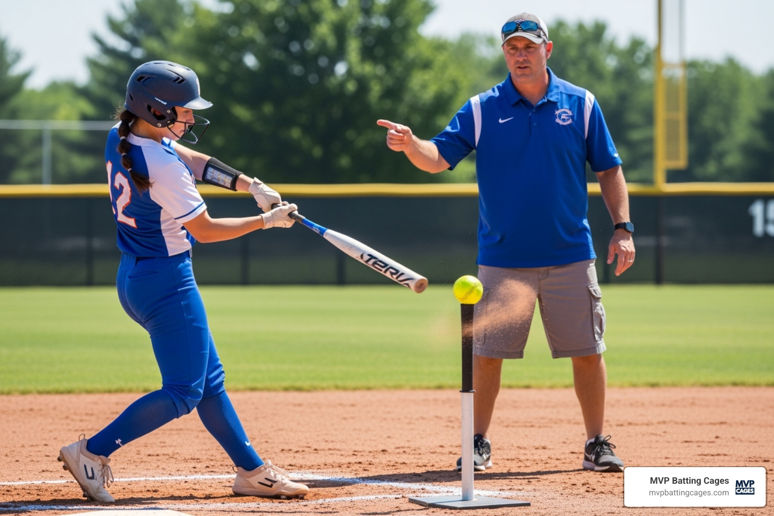 player hitting off a tee with a coach providing feedback - softball clinics player hitting off a tee with a coach providing feedback - softball clinics