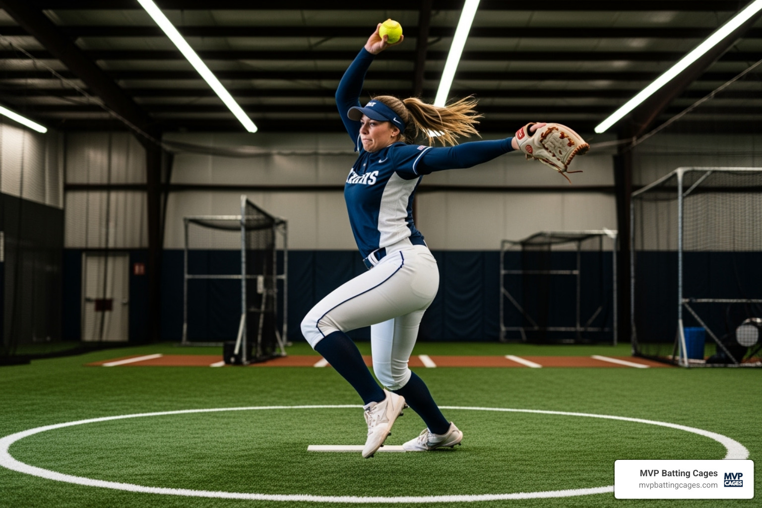 softball pitcher mid-windup in a training facility - softball clinics softball pitcher mid-windup in a training facility - softball clinics