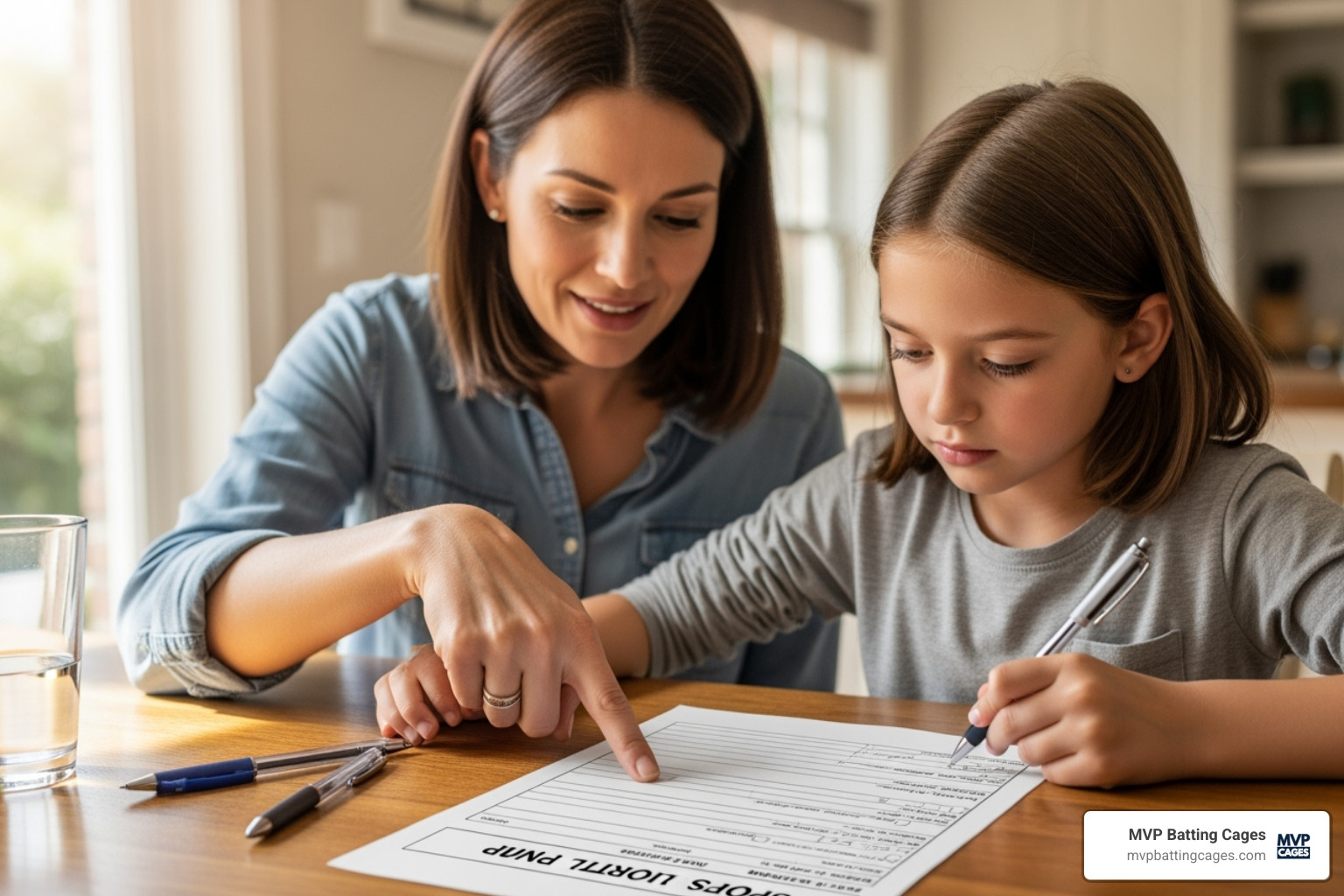 parent and child looking at a registration form for a sports camp - softball clinics parent and child looking at a registration form for a sports camp - softball clinics
