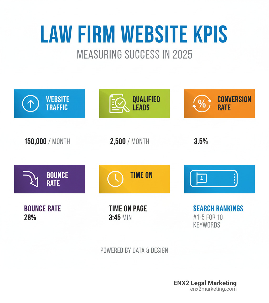 Infographic showing key performance indicators (KPIs) for law firm websites, including website traffic, lead conversion rate, bounce rate, time on page, and search engine rankings - website design for lawyers infographic 