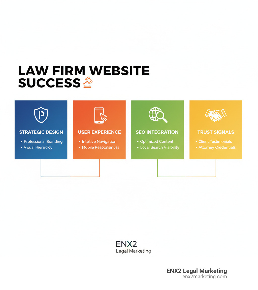 Infographic showing the four pillars of successful law firm website design: Strategic Design with professional branding and visual hierarchy, User Experience with intuitive navigation and mobile responsiveness, SEO Integration with optimized content and local search visibility, and Trust Signals including client testimonials and attorney credentials - website design for lawyers infographic 