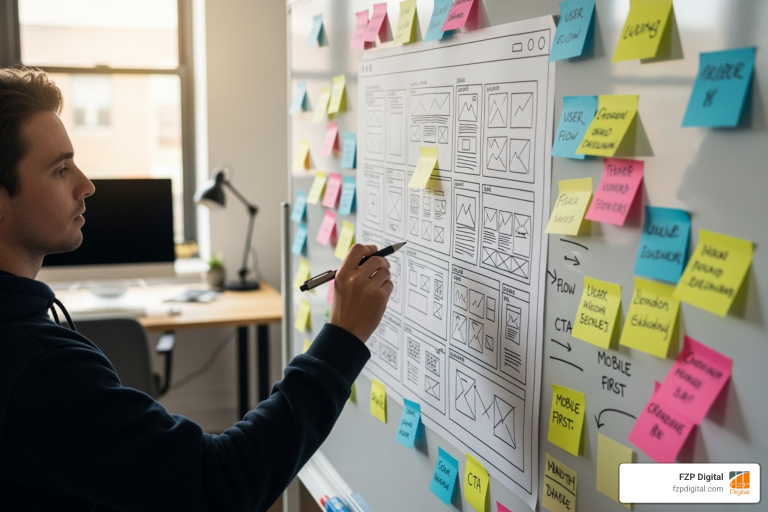 A person sketching a website wireframe on a whiteboard, surrounded by sticky notes with ideas, representing the planning phase of web design - nonprofit website designs