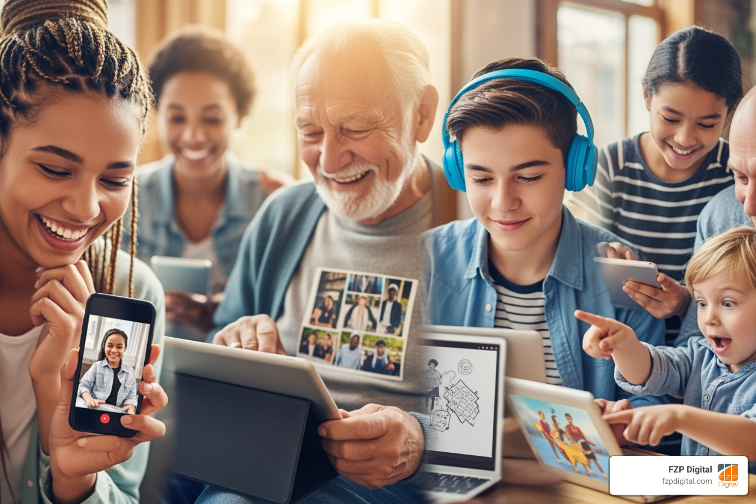 A collage of diverse, smiling people actively engaging with technology, representing community and connection in the digital space - nonprofit website designs